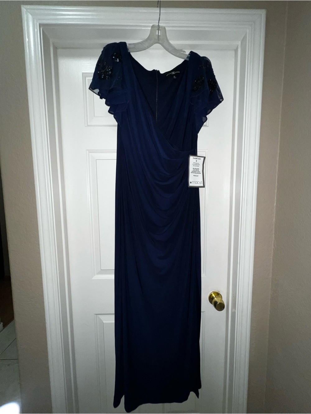 Betsy & Adam Navy Blue Deep V-Neckline Faux Wrap Evening Dress NWOT Sz 12P